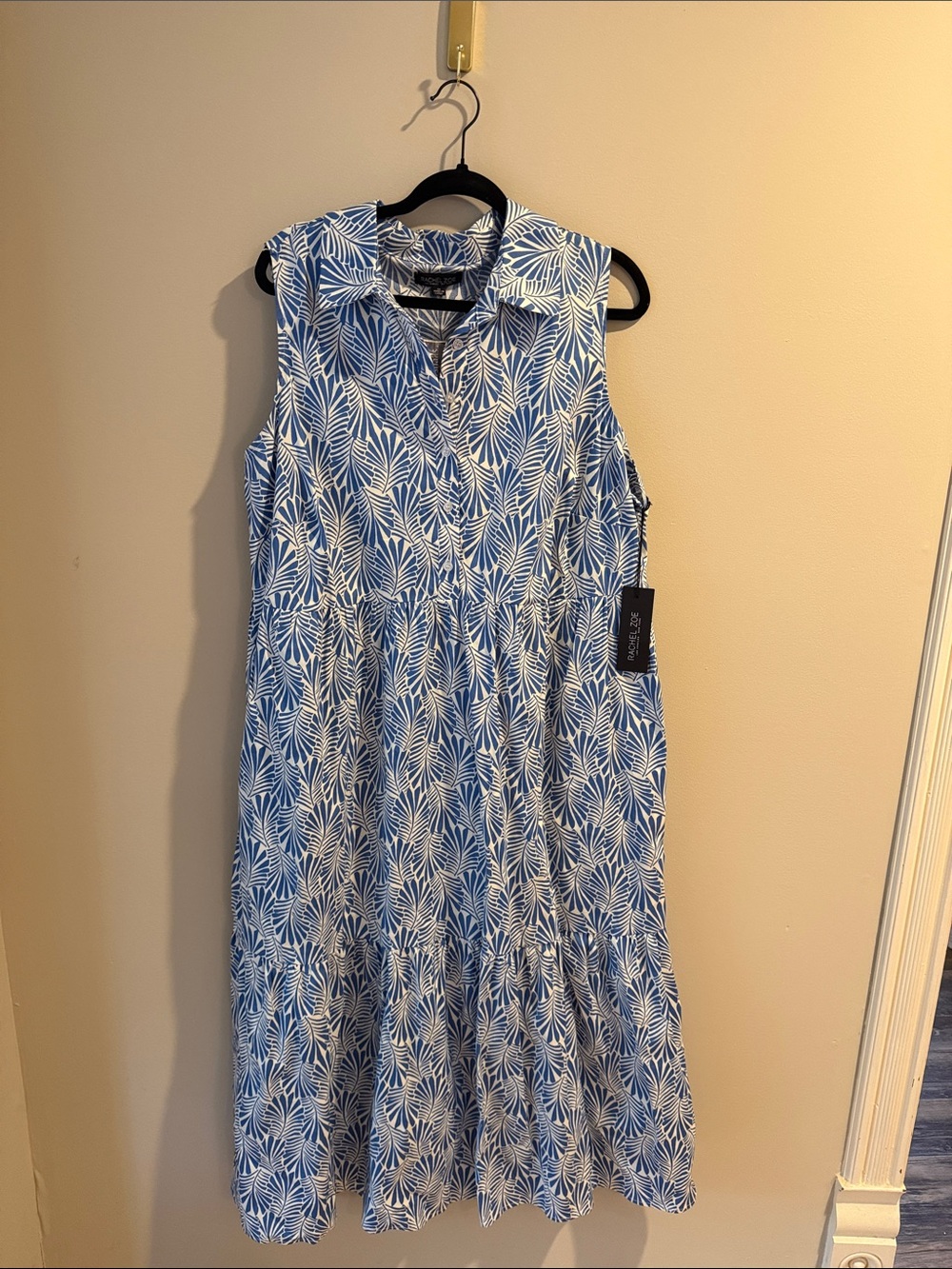 Rachel Zoe Blue and White Leaf-Print Midi Dress